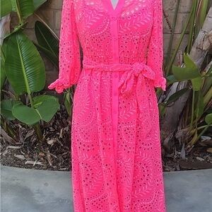 Lilly Pulitzer Pink Isle Swirly Fern Scalloped Eyelet Dress